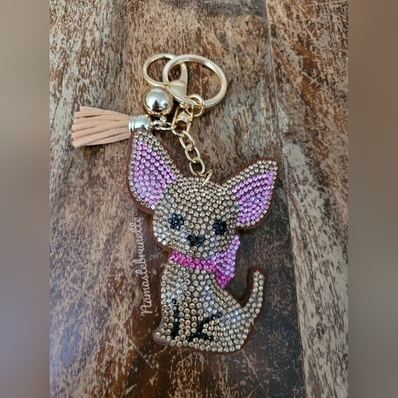 Chihuahua Dog Crystal Rhinestone Keychain Bag Charm With Tan Tassel - Picture 17 of 17